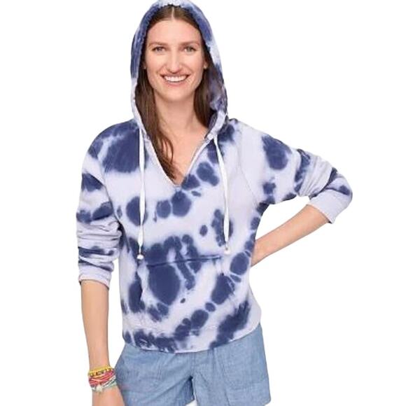 J.Crew Blue Tie Dye Distressed Hooded Sweatshirt Cotton Hoddie Women's M 2594 - Picture 1 of 15